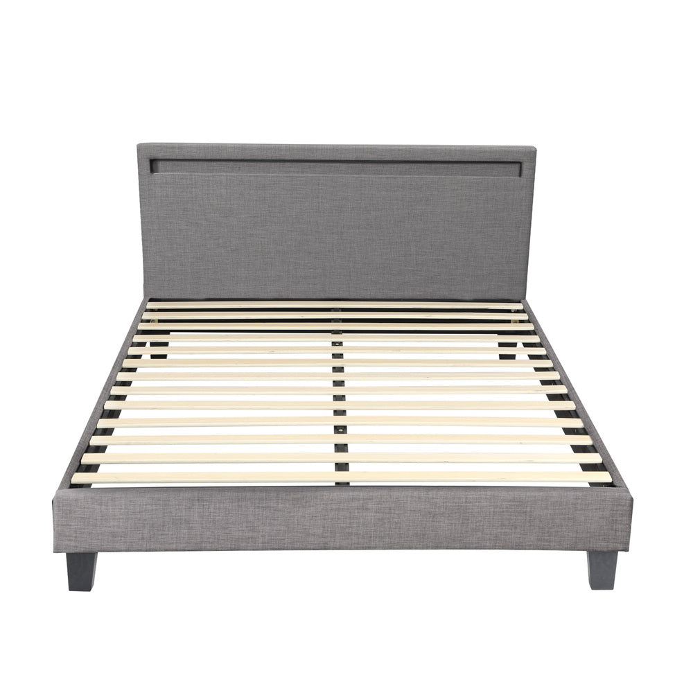 Bed Frame RGB LED Queen Size Wooden Grey Fabric