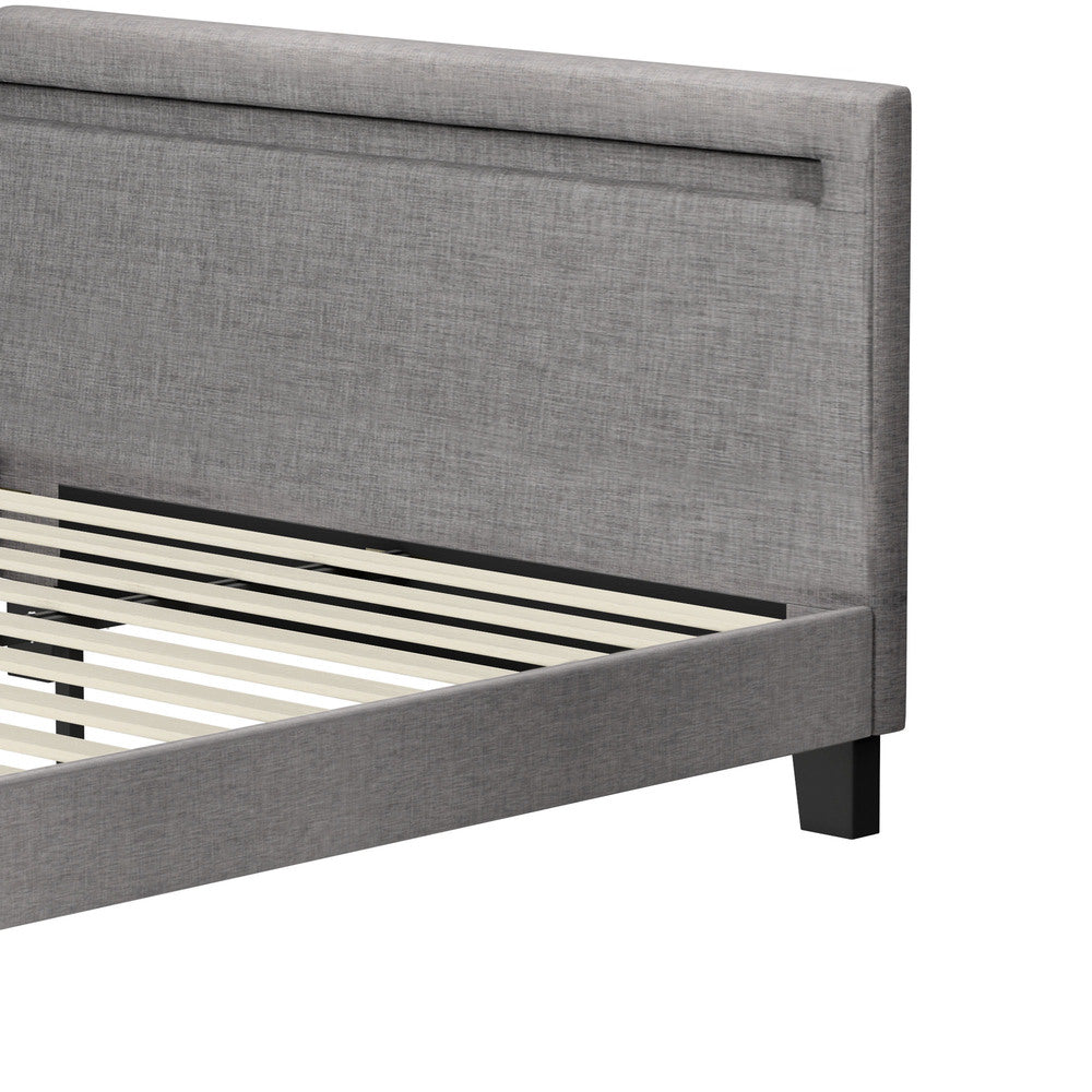 Bed Frame RGB LED Queen Size Wooden Grey Fabric