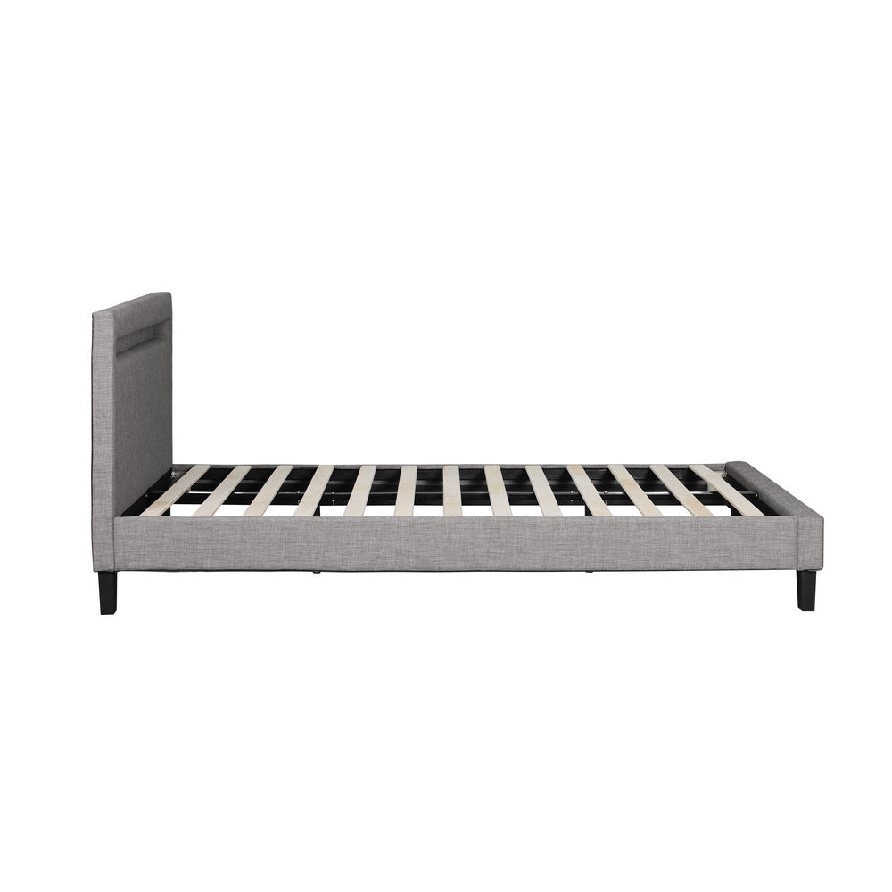Bed Frame RGB LED Queen Size Wooden Grey Fabric