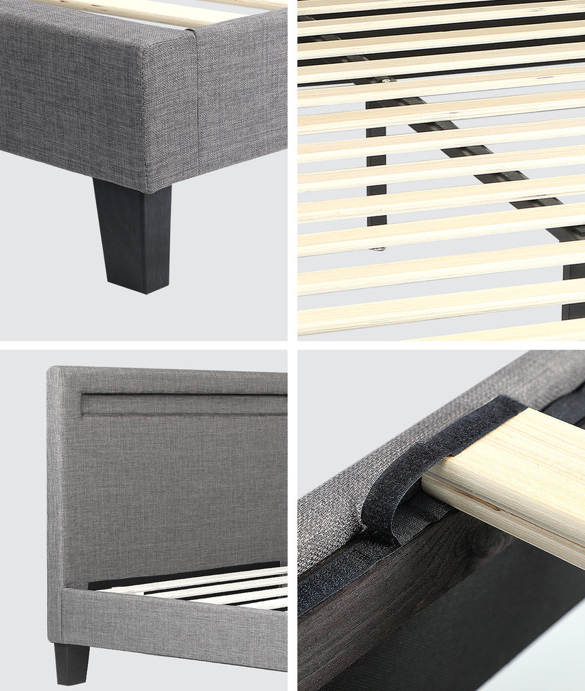Bed Frame RGB LED Queen Size Wooden Grey Fabric