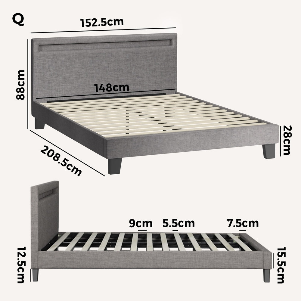 Bed Frame RGB LED Queen Size Wooden Grey Fabric