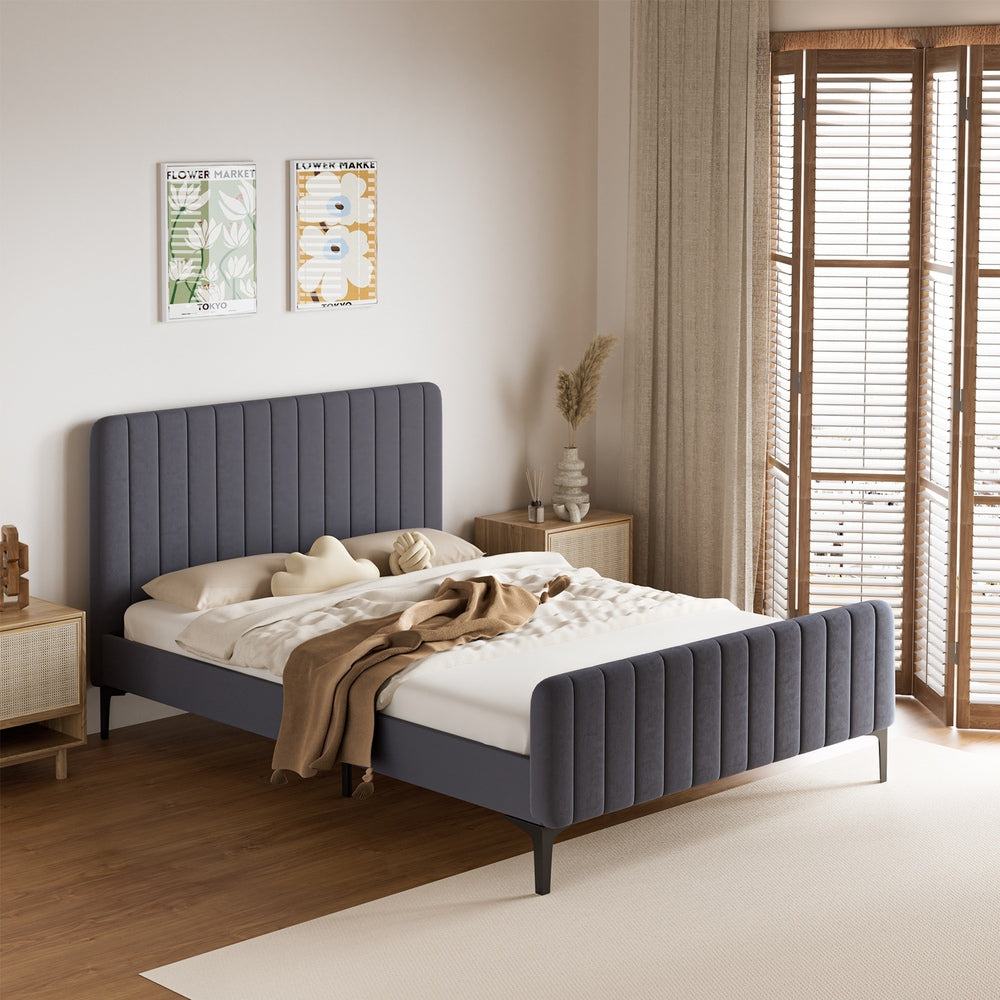 Bed Frame Double Size Beds Platform Velvet Fabric Grey