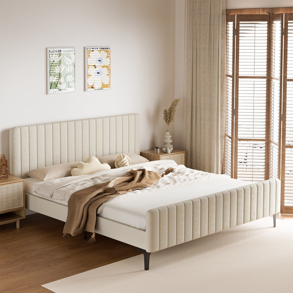 King Size Bed Frame Velvet Fabric Beige