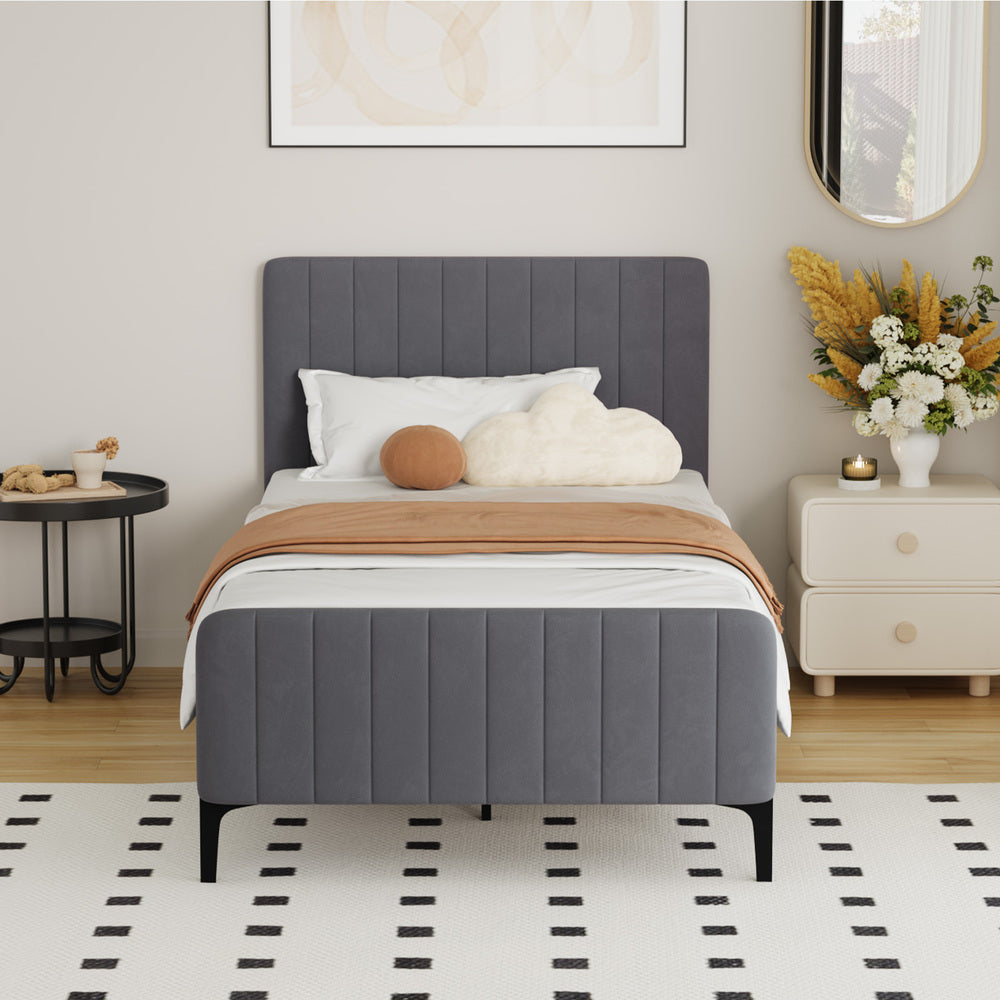 Bed Frame King Single Beds Platform Velvet Fabric Grey