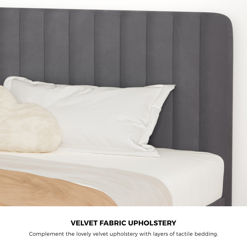 Bed Frame King Single Beds Platform Velvet Fabric Grey