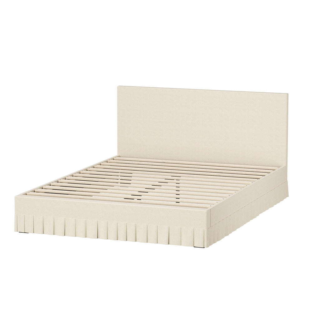 Oikiture Queen Bed Frame – Beige Upholstered Headboard with Skirt & Plywood Slats