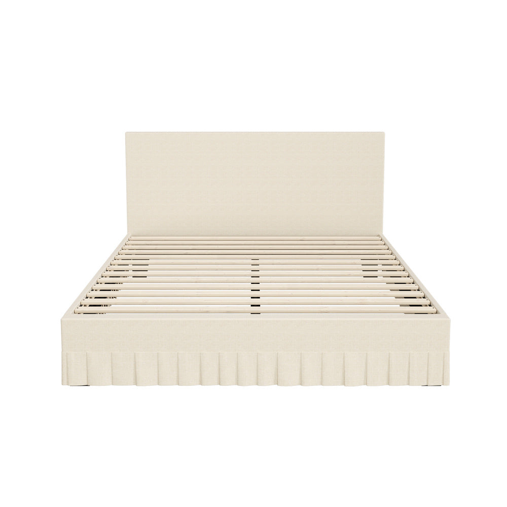 Oikiture Queen Bed Frame – Beige Upholstered Headboard with Skirt & Plywood Slats