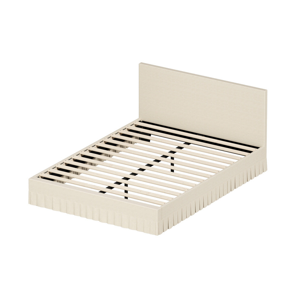 Oikiture Queen Bed Frame – Beige Upholstered Headboard with Skirt & Plywood Slats