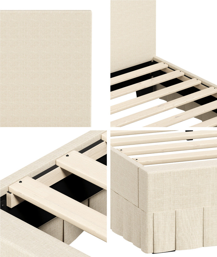Oikiture Queen Bed Frame – Beige Upholstered Headboard with Skirt & Plywood Slats