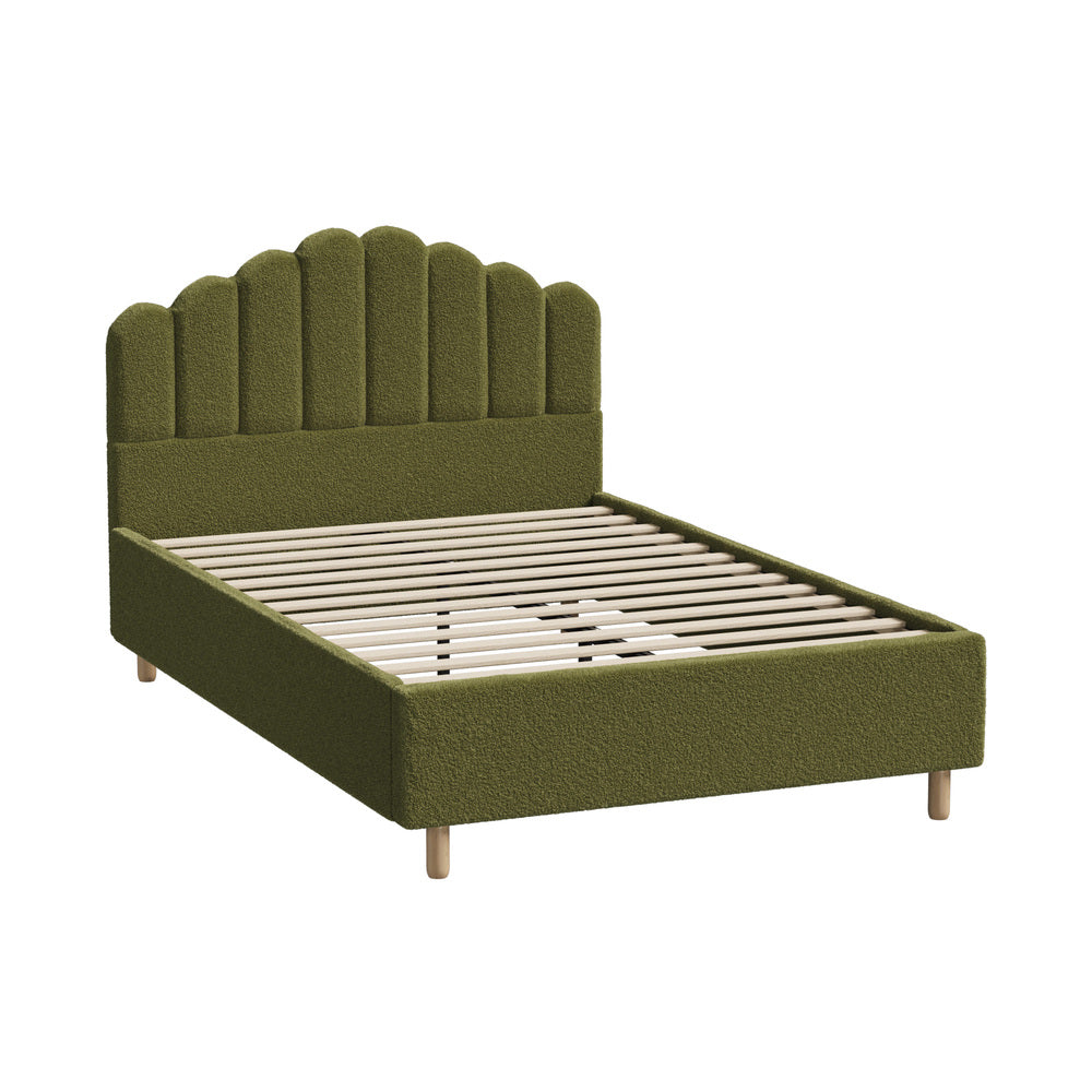 Oikiture Queen Bed Frame – Green Boucle Stripe Headboard with Wooden Slats