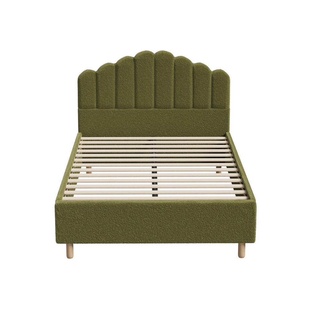 Oikiture Queen Bed Frame – Green Boucle Stripe Headboard with Wooden Slats