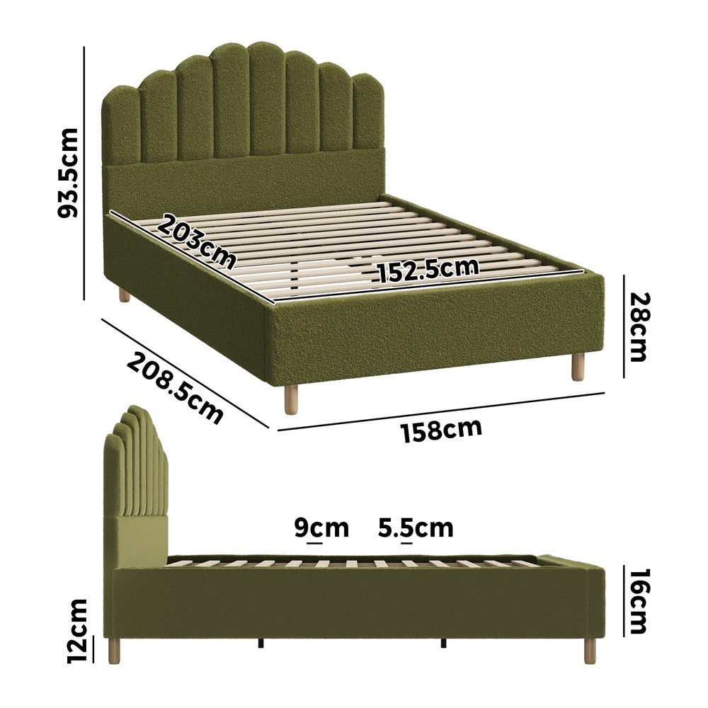 Oikiture Queen Bed Frame – Green Boucle Stripe Headboard with Wooden Slats