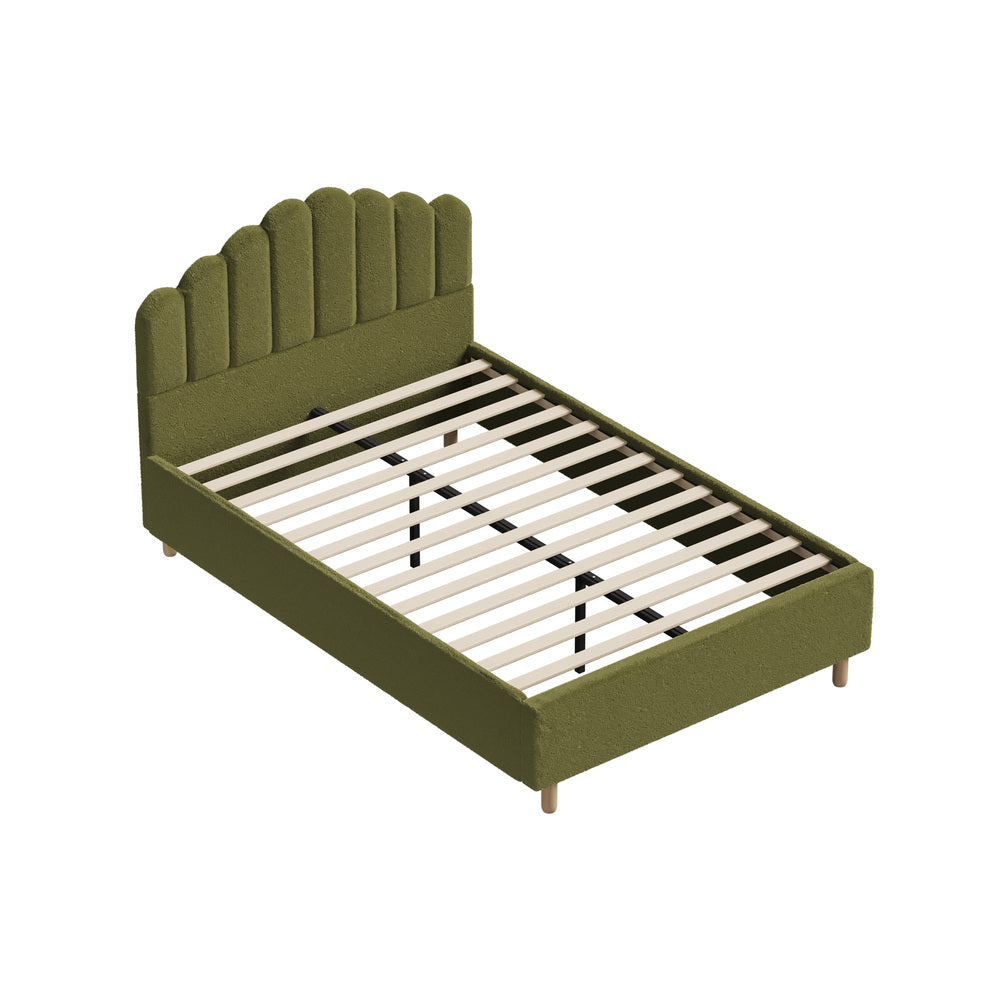 Oikiture Queen Bed Frame – Green Boucle Stripe Headboard with Wooden Slats