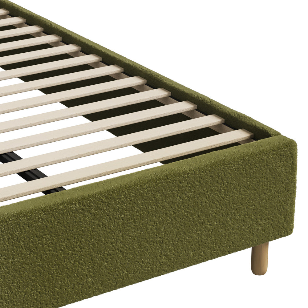 Oikiture Queen Bed Frame – Green Boucle Stripe Headboard with Wooden Slats