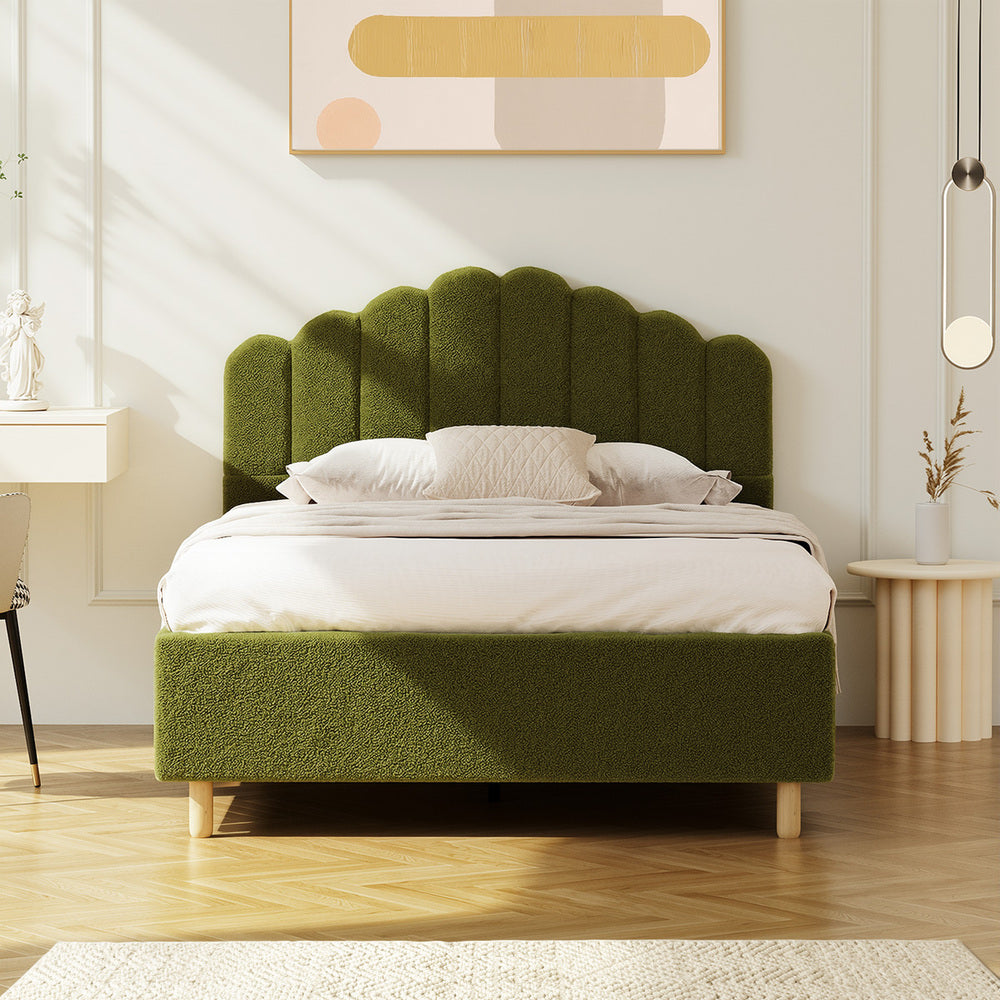 Oikiture Queen Bed Frame – Green Boucle Stripe Headboard with Wooden Slats