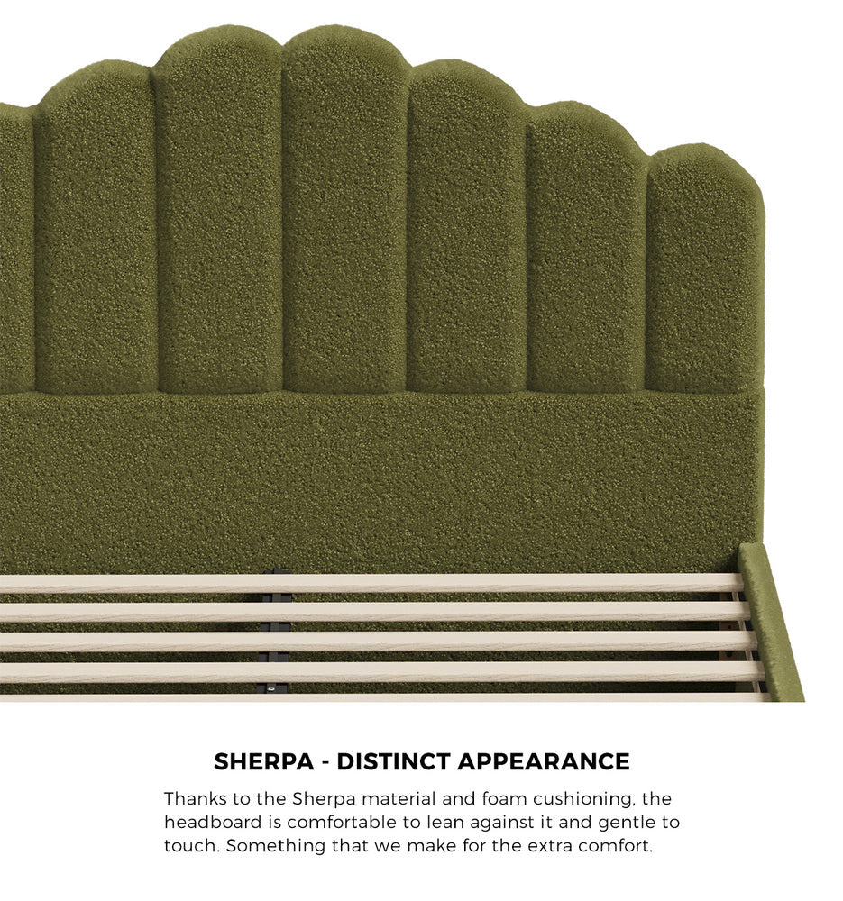 Oikiture Queen Bed Frame – Green Boucle Stripe Headboard with Wooden Slats