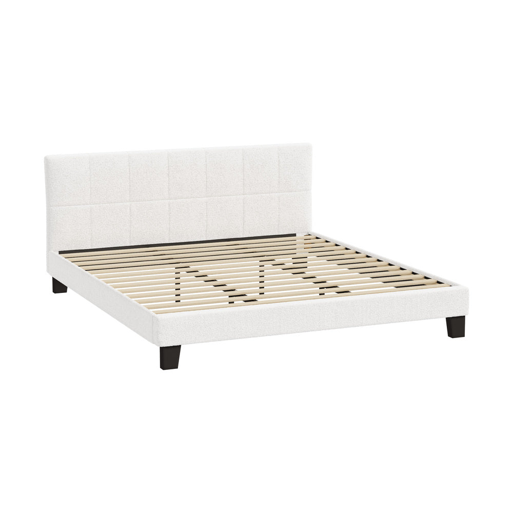 Oikiture Bed Frame King Size Base White Boucle TOFU