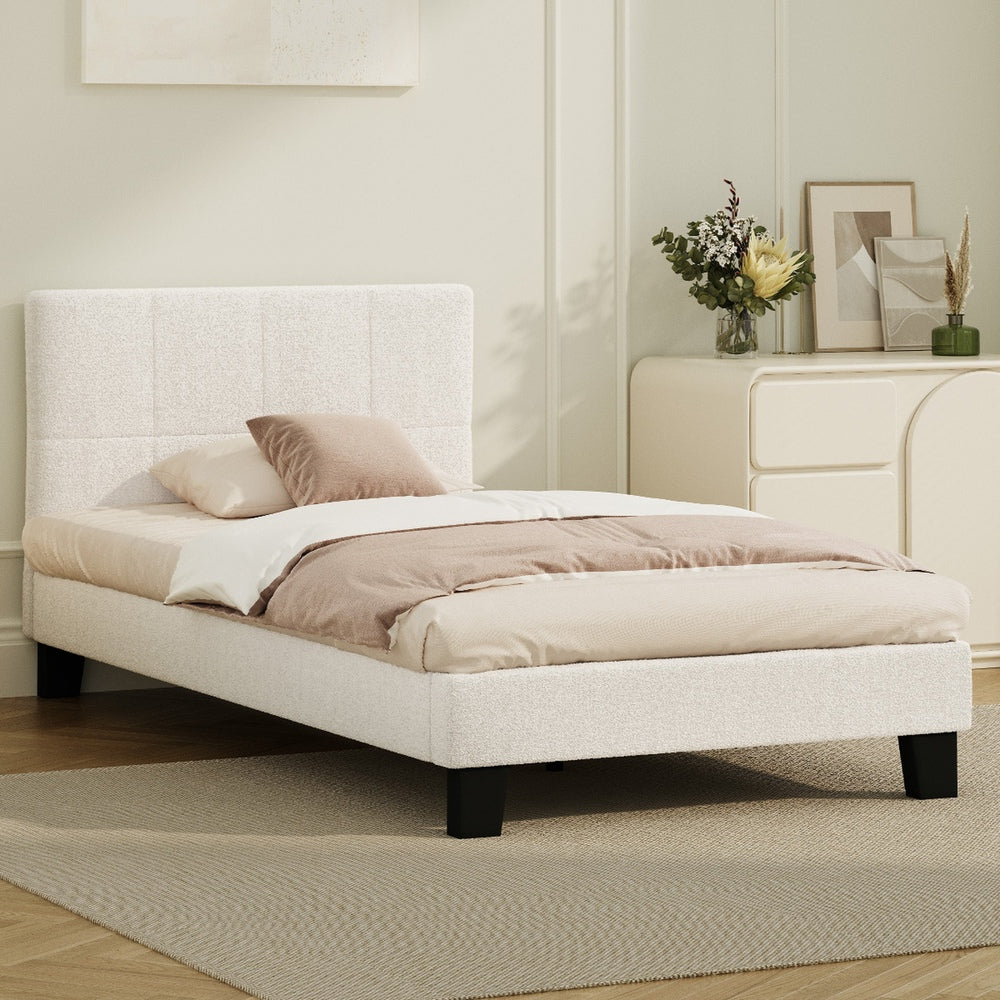 Oikiture Bed Frame King Single Base White Boucle TOFU