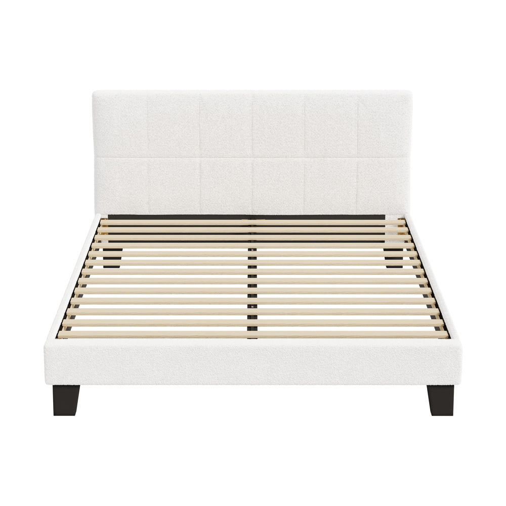 Oikiture Bed Frame Queen Size Base White Boucle TOFU
