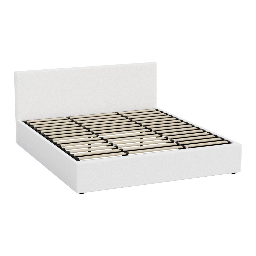 Oikiture Bed Frame King – White Boucle Gas Lift with LED Lighting & Storage Base