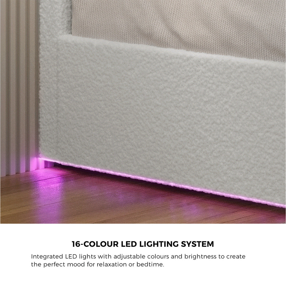 Oikiture Bed Frame King – White Boucle Gas Lift with LED Lighting & Storage Base