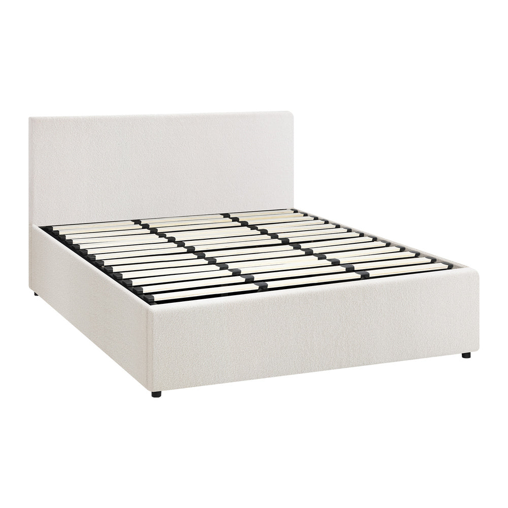 King Bed Frame Gas Lift Storage Base White Boucle