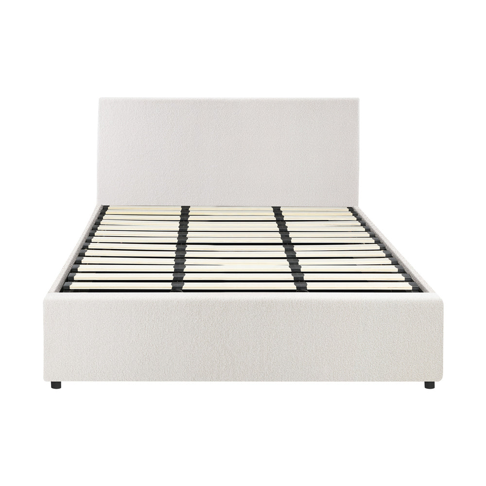 King Bed Frame Gas Lift Storage Base White Boucle