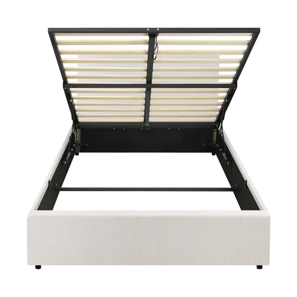 Bed Frame King Single Gas Lift Storage Base White Boucle