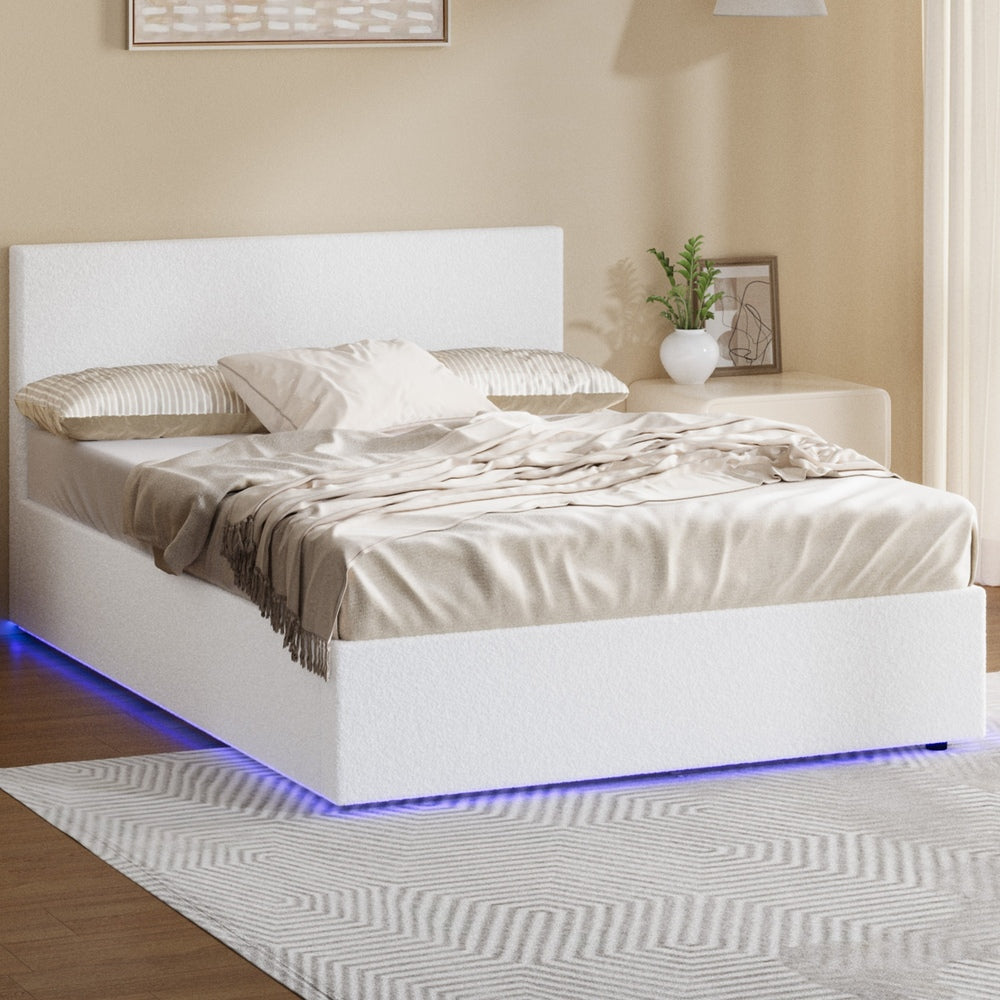 Oikiture Bed Frame Queen – White Boucle Gas Lift with LED Lighting & Storage Base