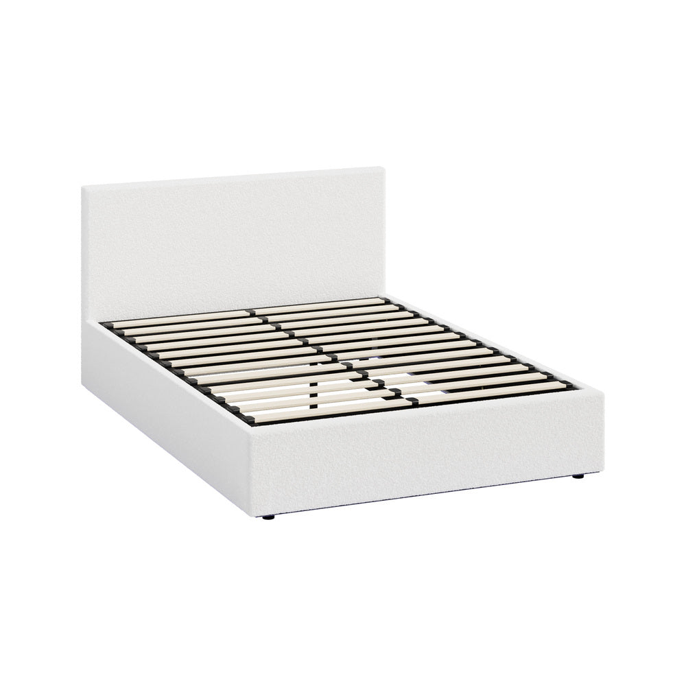 Oikiture Bed Frame Queen – White Boucle Gas Lift with LED Lighting & Storage Base