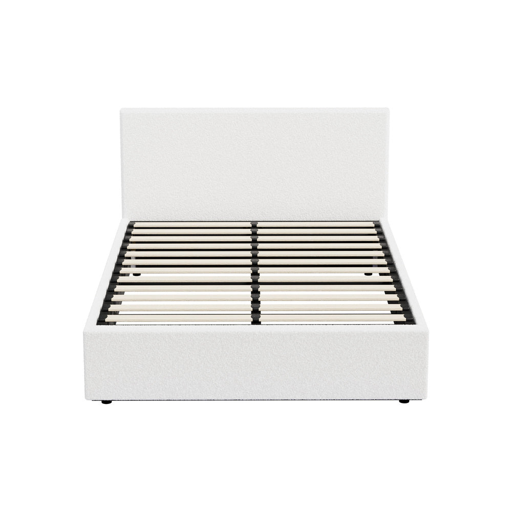 Oikiture Bed Frame Queen – White Boucle Gas Lift with LED Lighting & Storage Base