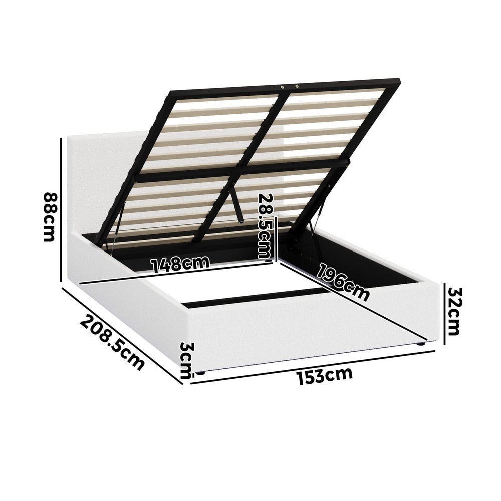 Oikiture Bed Frame Queen – White Boucle Gas Lift with LED Lighting & Storage Base