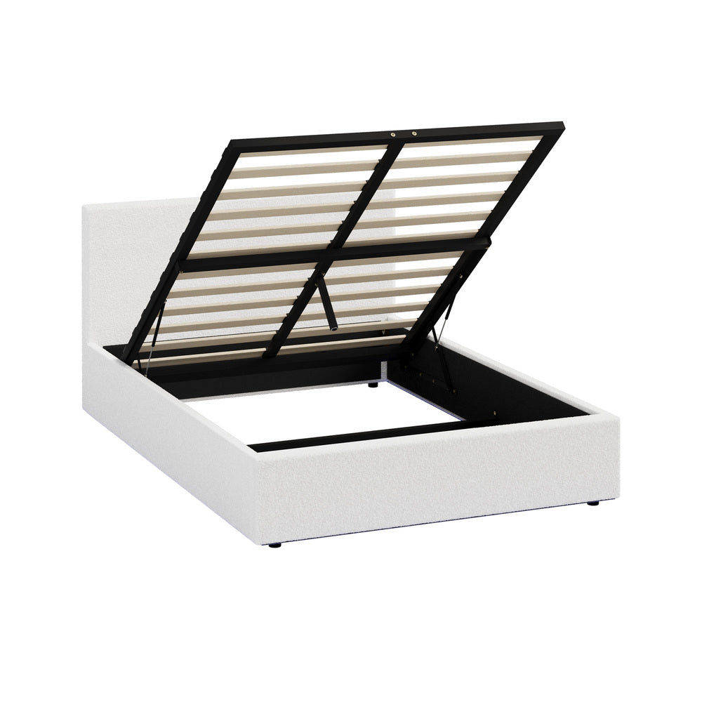Oikiture Bed Frame Queen – White Boucle Gas Lift with LED Lighting & Storage Base