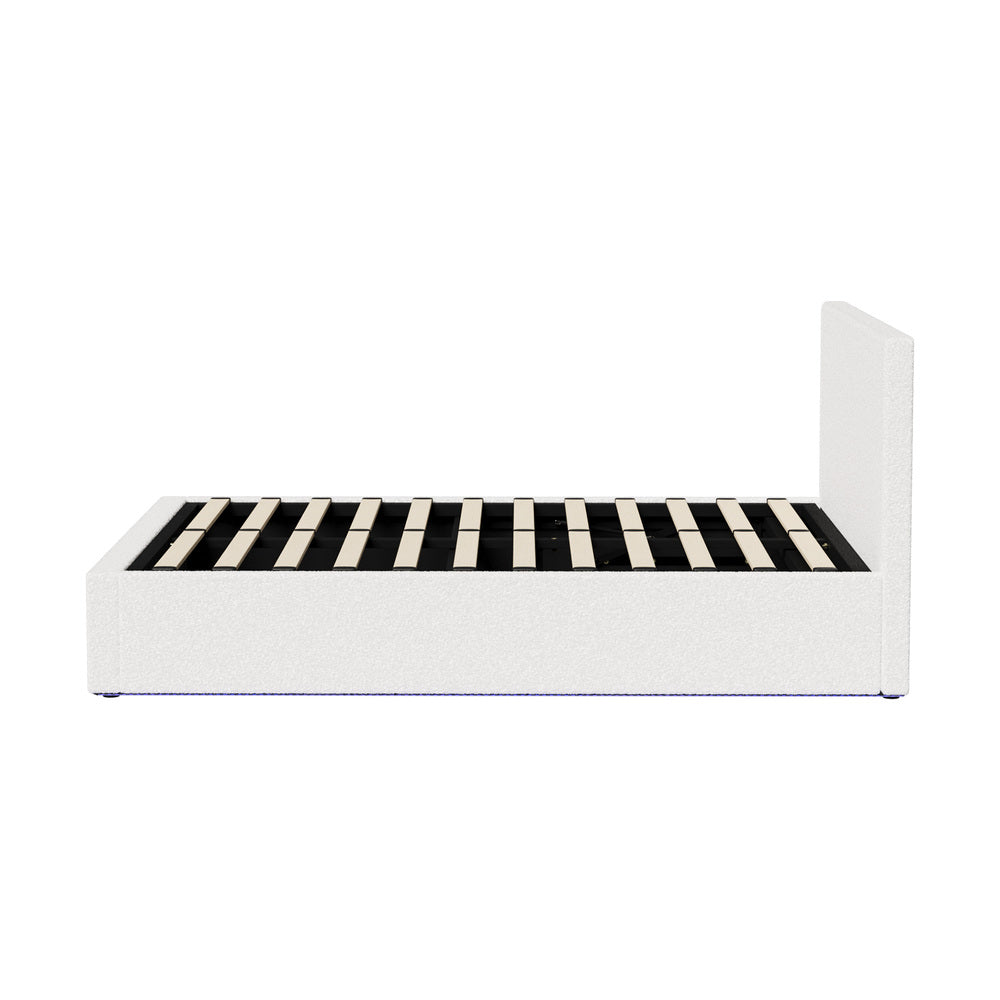 Oikiture Bed Frame Queen – White Boucle Gas Lift with LED Lighting & Storage Base