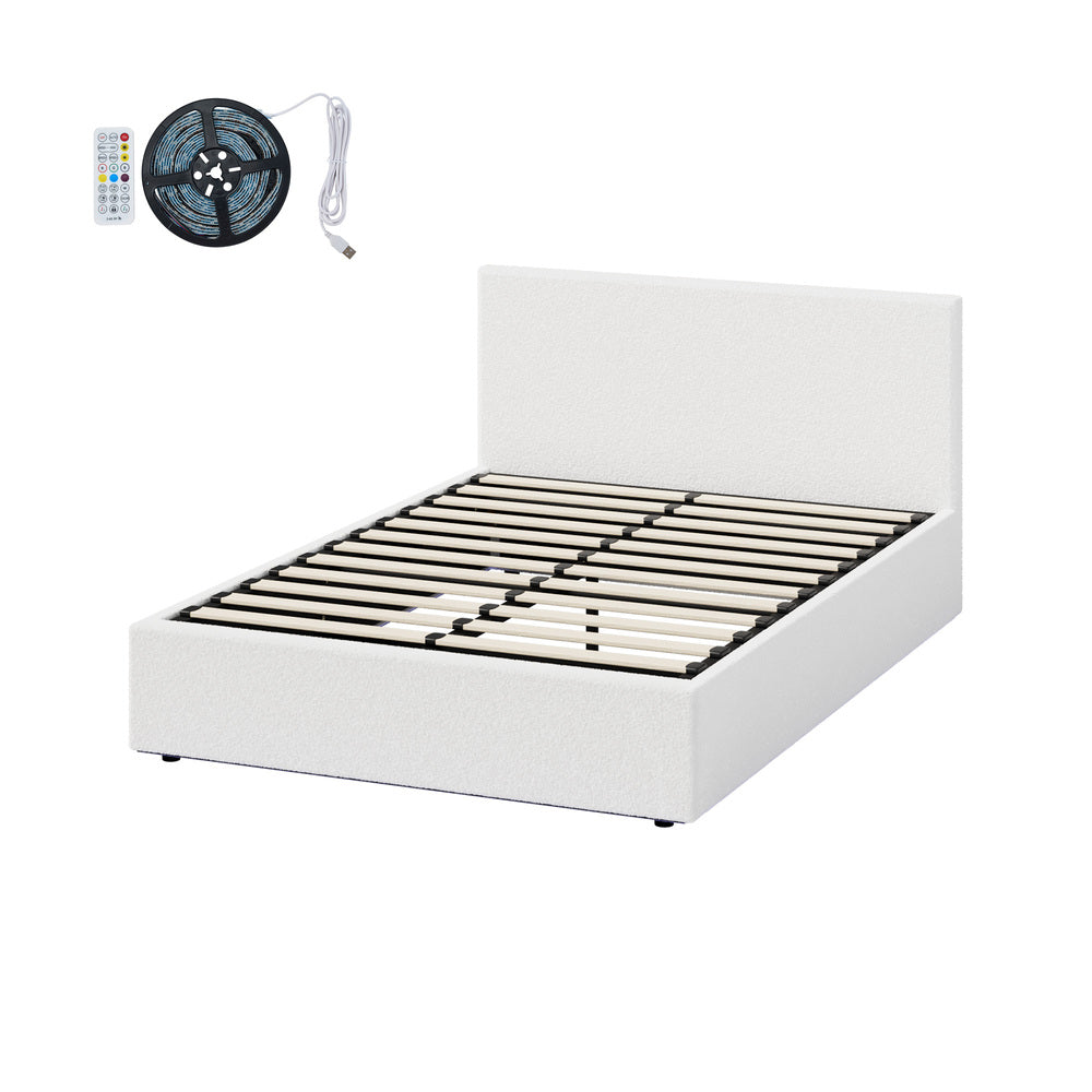 Oikiture Bed Frame Queen – White Boucle Gas Lift with LED Lighting & Storage Base