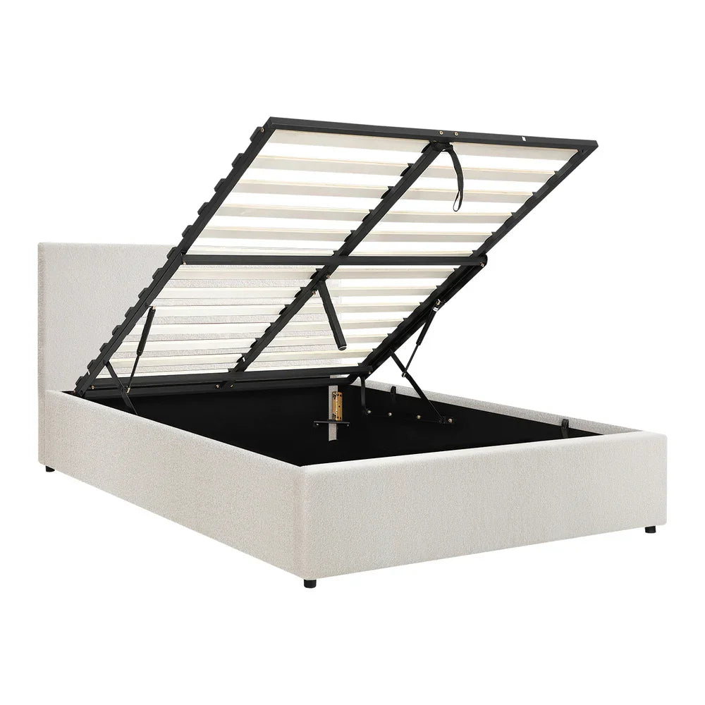 Bed Frame Queen Size Gas Lift Base Boucle Fabric White