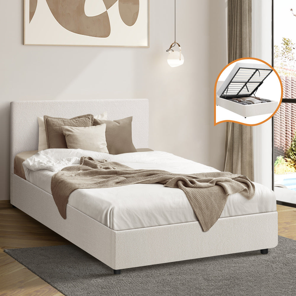 Single Bed Frame Gas Lift Storage Base White Boucle