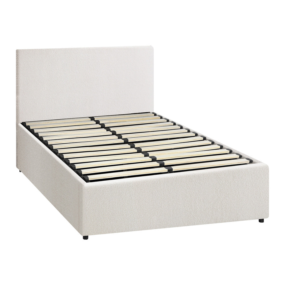 Single Bed Frame Gas Lift Storage Base White Boucle