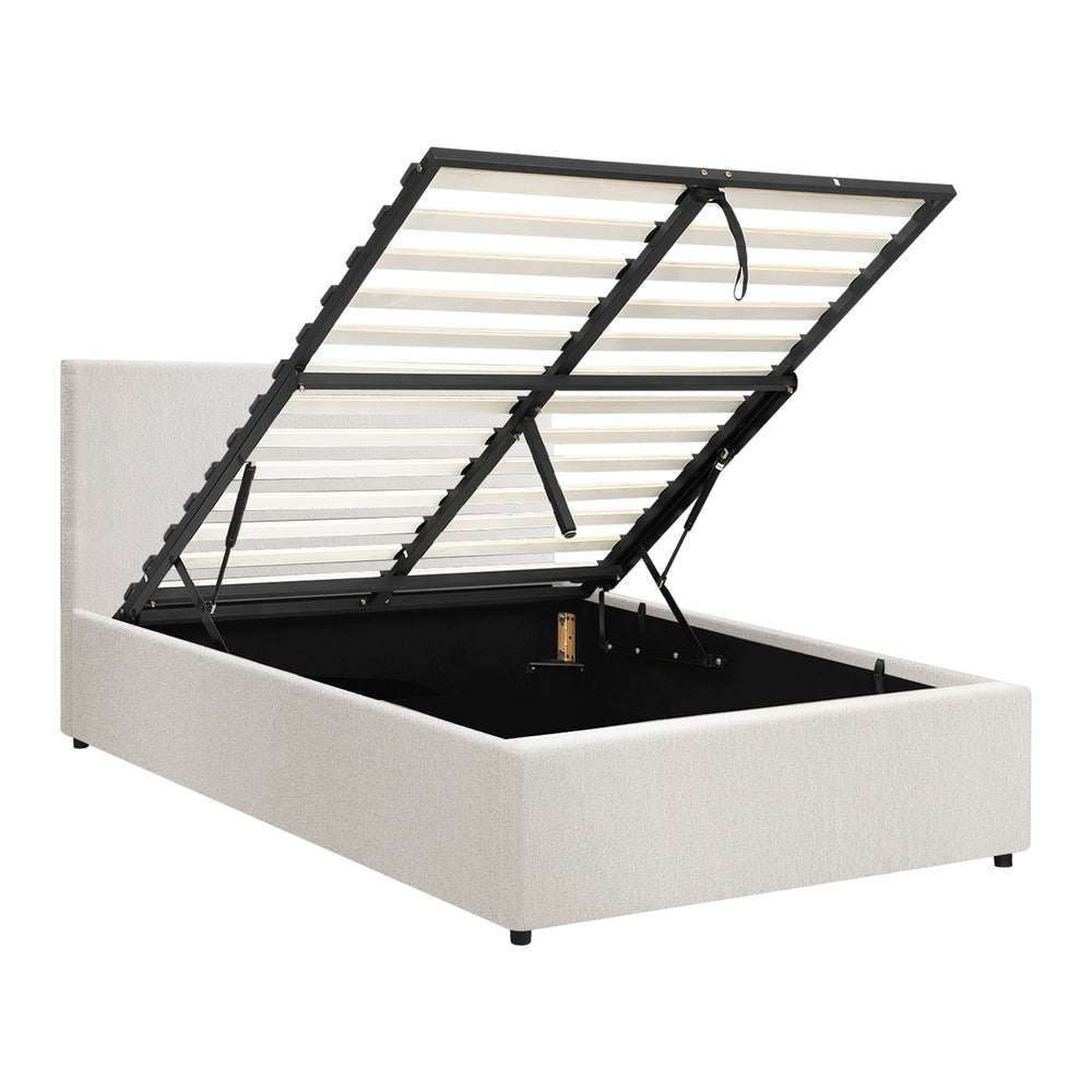Single Bed Frame Gas Lift Storage Base White Boucle