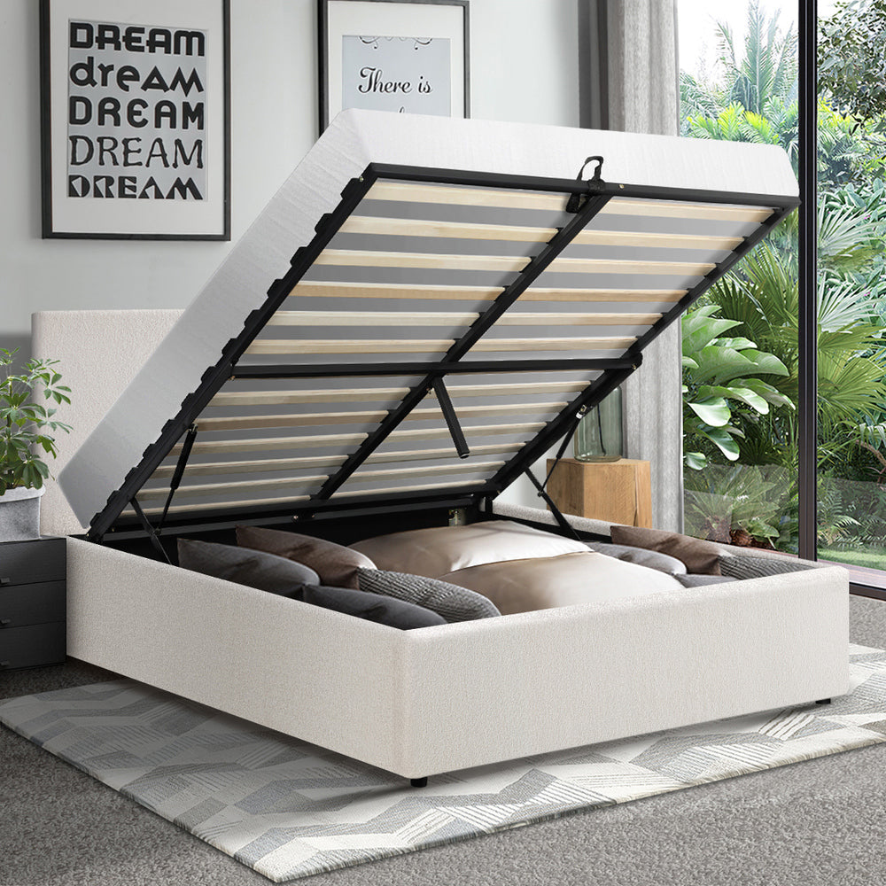 Single Bed Frame Gas Lift Storage Base White Boucle