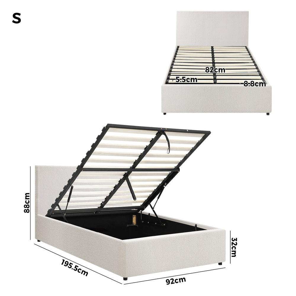Single Bed Frame Gas Lift Storage Base White Boucle