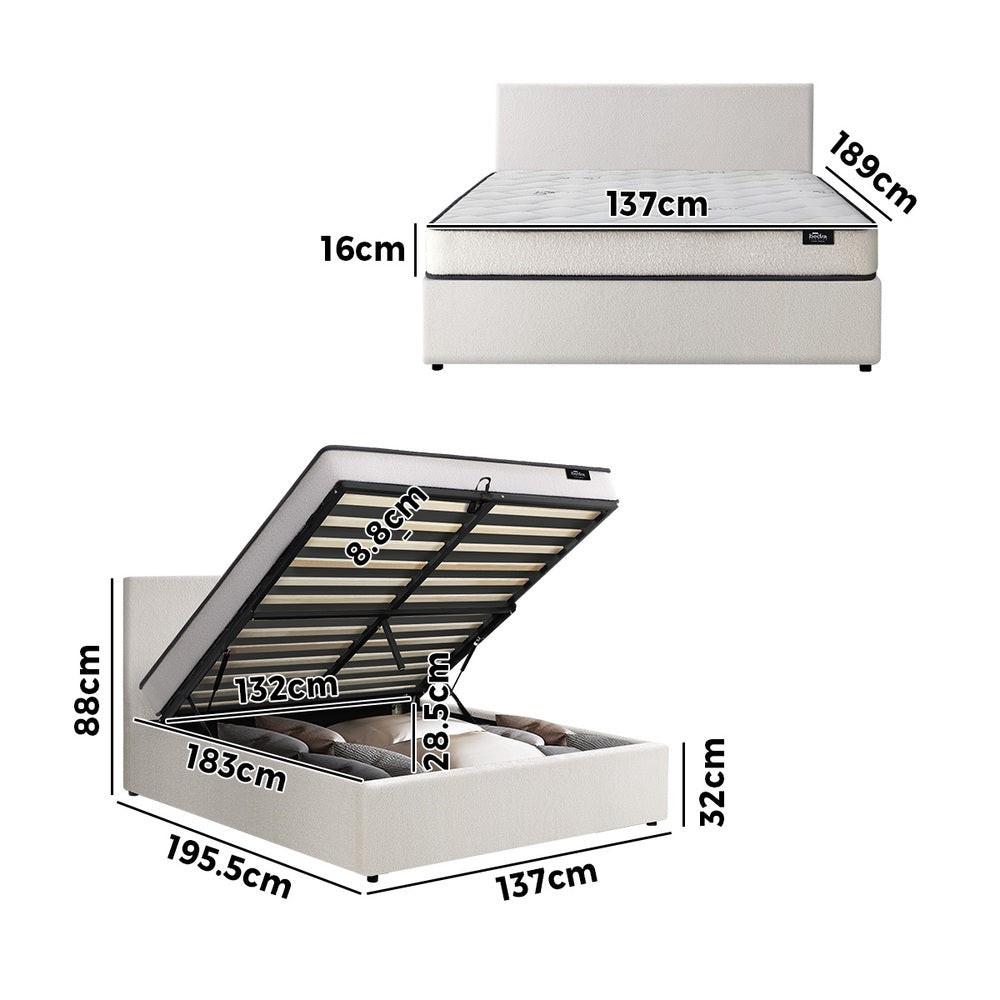 Oikiture Bed Frame Queen Size Gas Lift Boucle Beds With Mattress Set