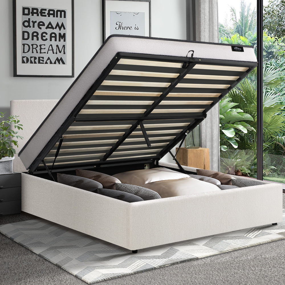 Oikiture Bed Frame Queen Size Gas Lift Boucle Beds With Mattress Set