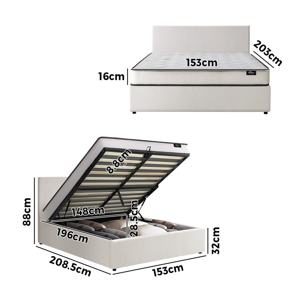 Oikiture Bed Frame King Size Gas Lift Boucle Beds With Mattress Set