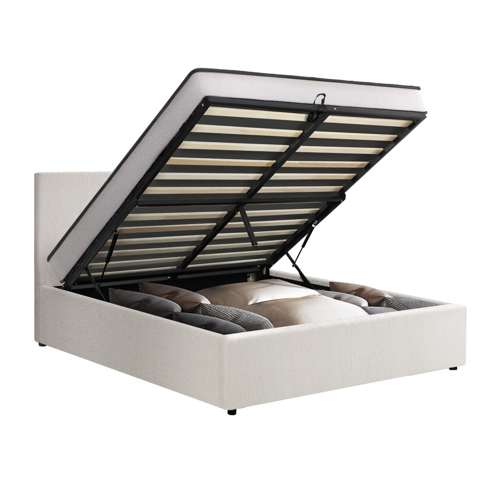 Oikiture Bed Frame King Size Gas Lift Boucle Beds With Mattress Set