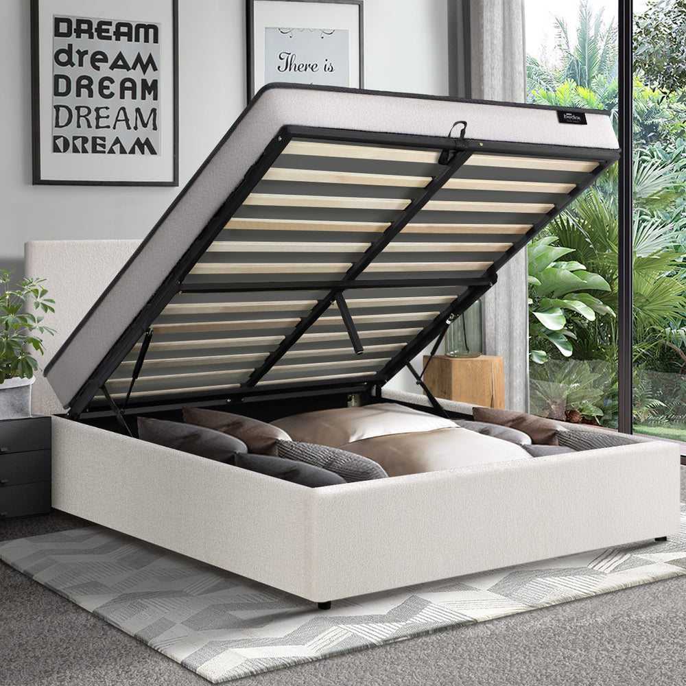 Oikiture Bed Frame King Size Gas Lift Boucle Beds With Mattress Set