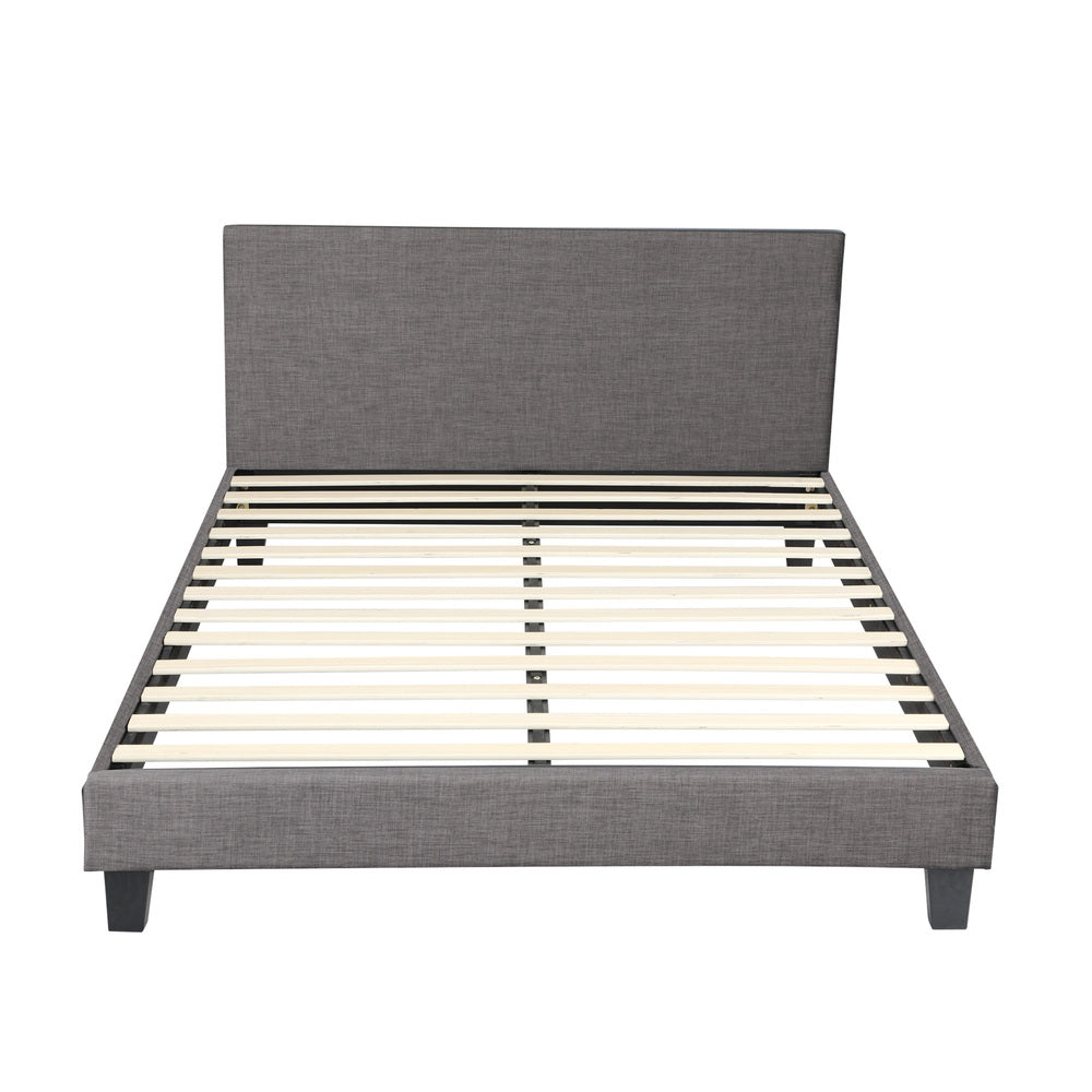Bed Frame Double Size Wooden Slats Grey Fabric