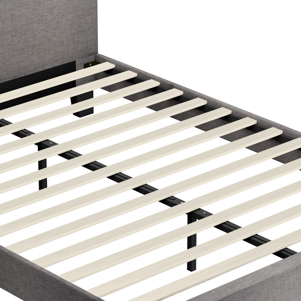 Bed Frame Double Size Wooden Slats Grey Fabric