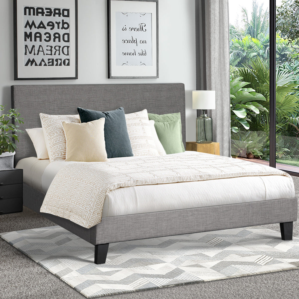 Bed Frame Double Size Wooden Slats Grey Fabric