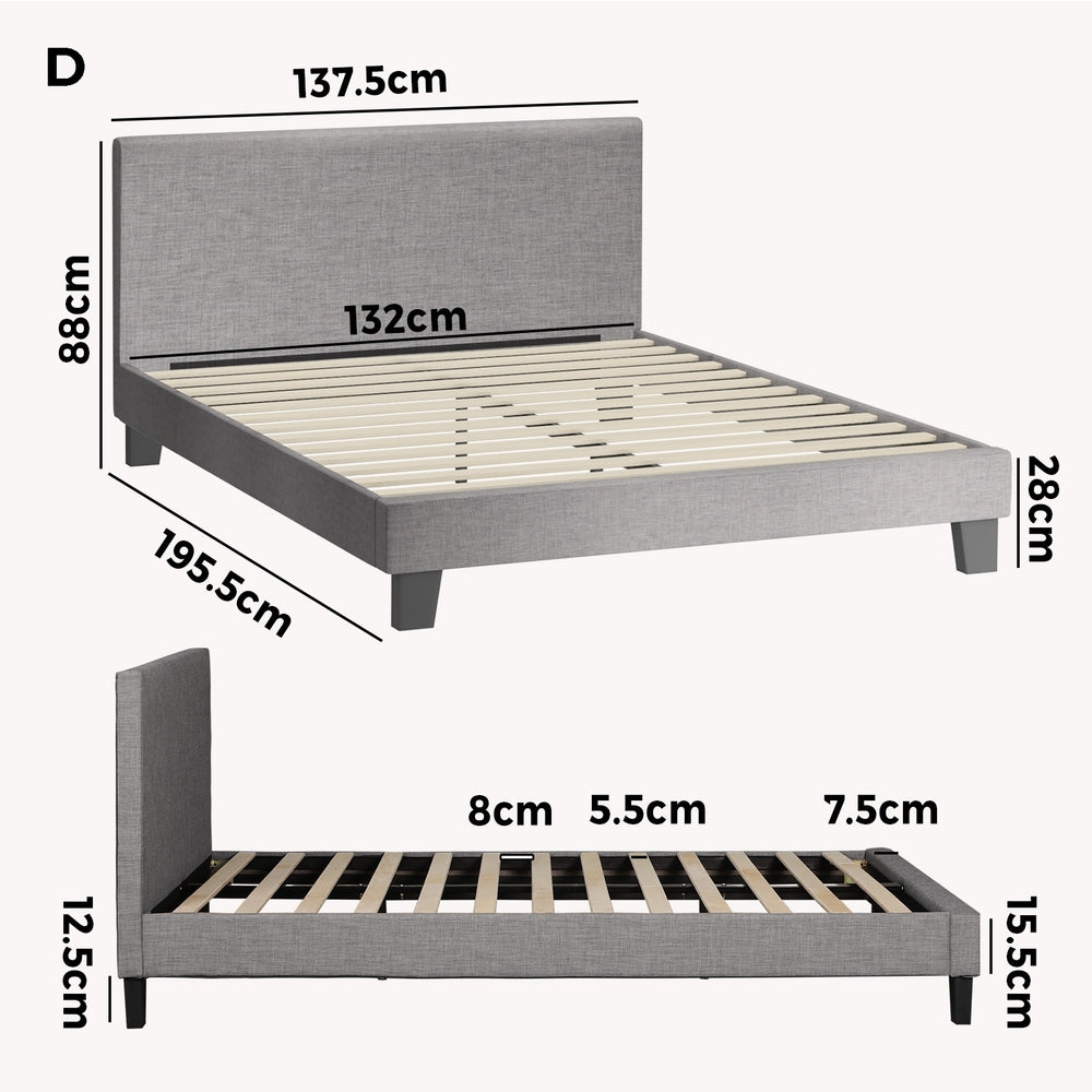 Bed Frame Double Size Wooden Slats Grey Fabric